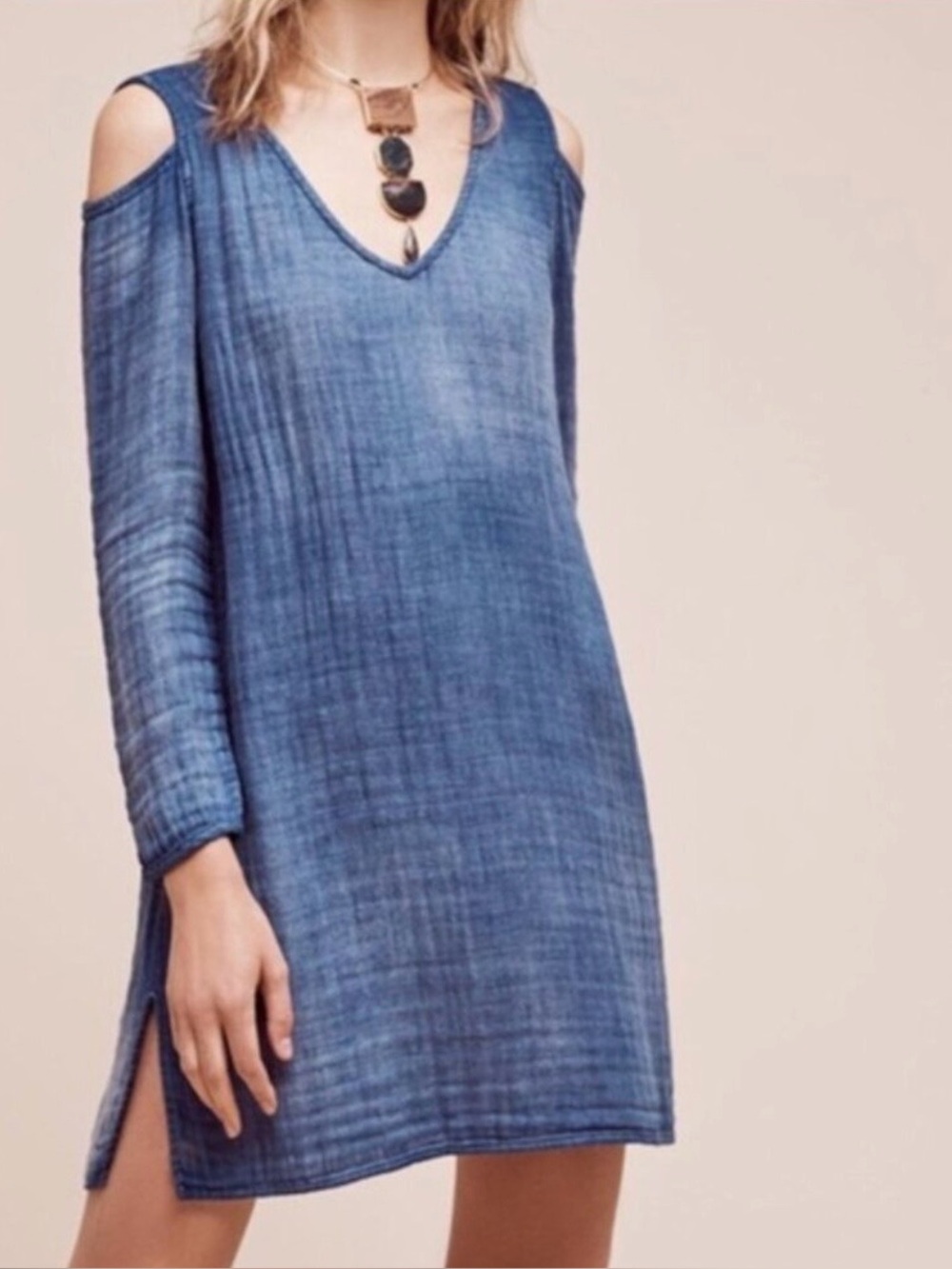 Anthropologie Cloth & Stone Blue Gauze Cold-Shoulder Mini Dress